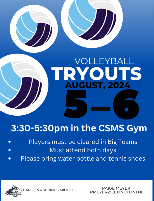 Volleyball tryouts on August 5 & 6, 2024